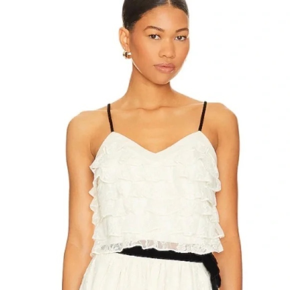 Loveshackfancy White Malt Tiered Ruffle Lace Crop Top